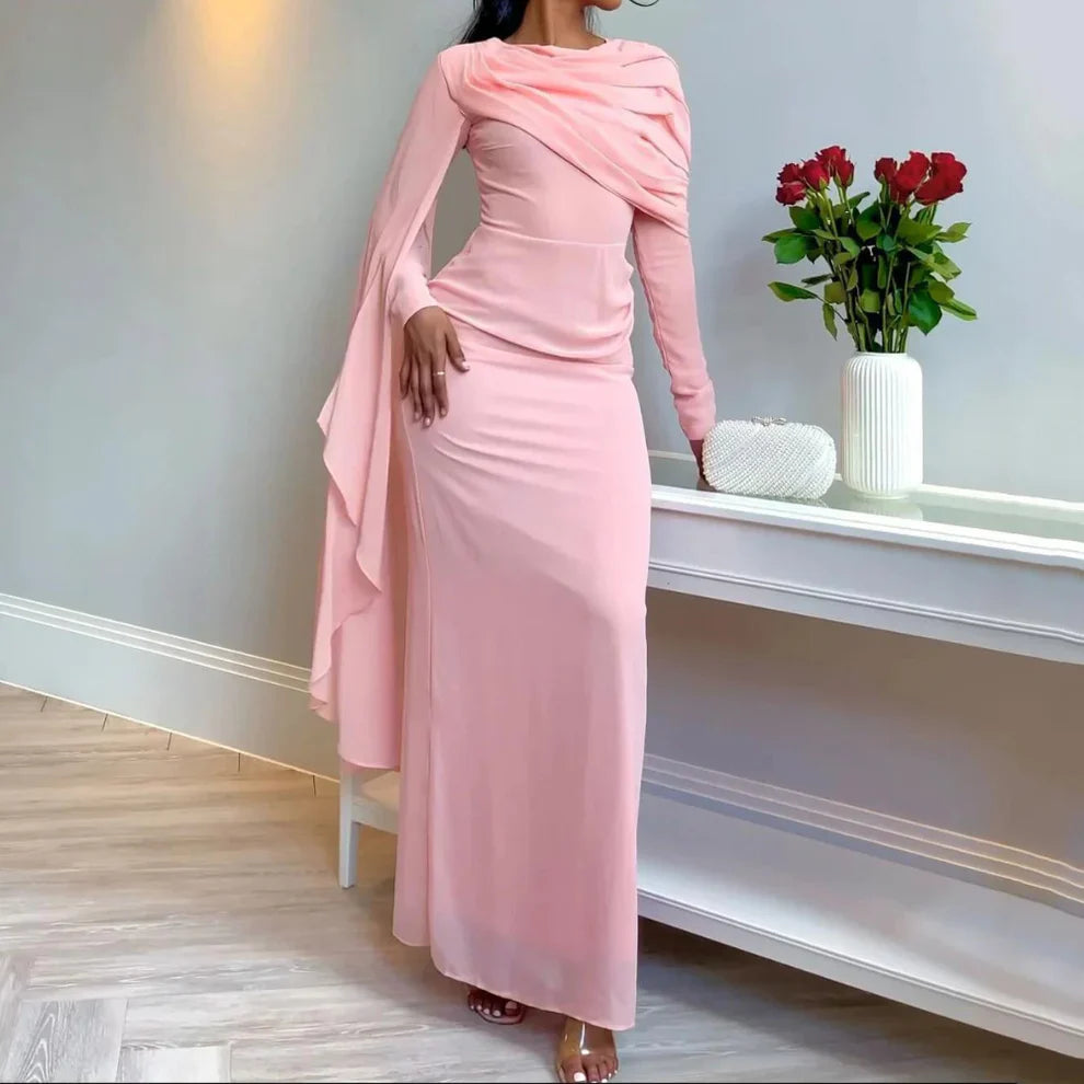 Weitese Formal Wear Dresses Pink Chiffon Pleated Long Sleeves Modest Evening Dress Stores With Prom Dresses Formal Women's Dresses